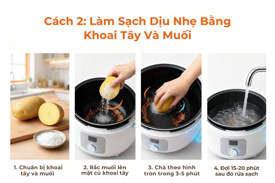 Làm sạch nồi bằng khoai tây và muối.