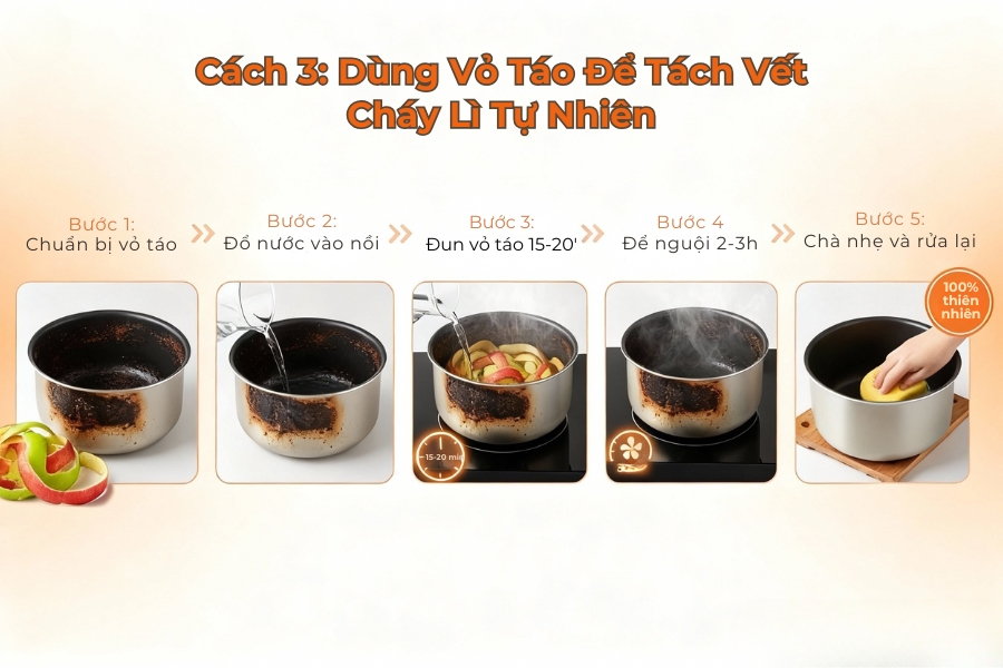 Làm sạch nồi bị cháy bằng vỏ táo.