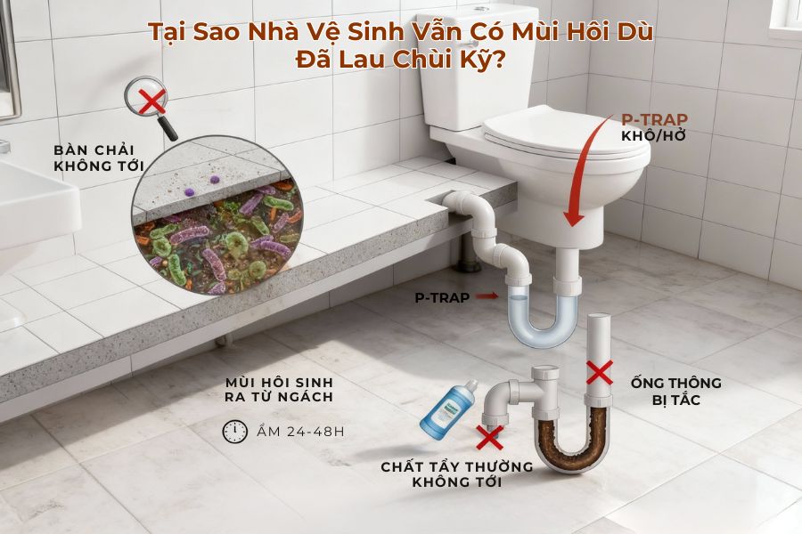 Lý do nhà vệ sinh vẫn có mùi hôi dù đã lau chùi kỹ.