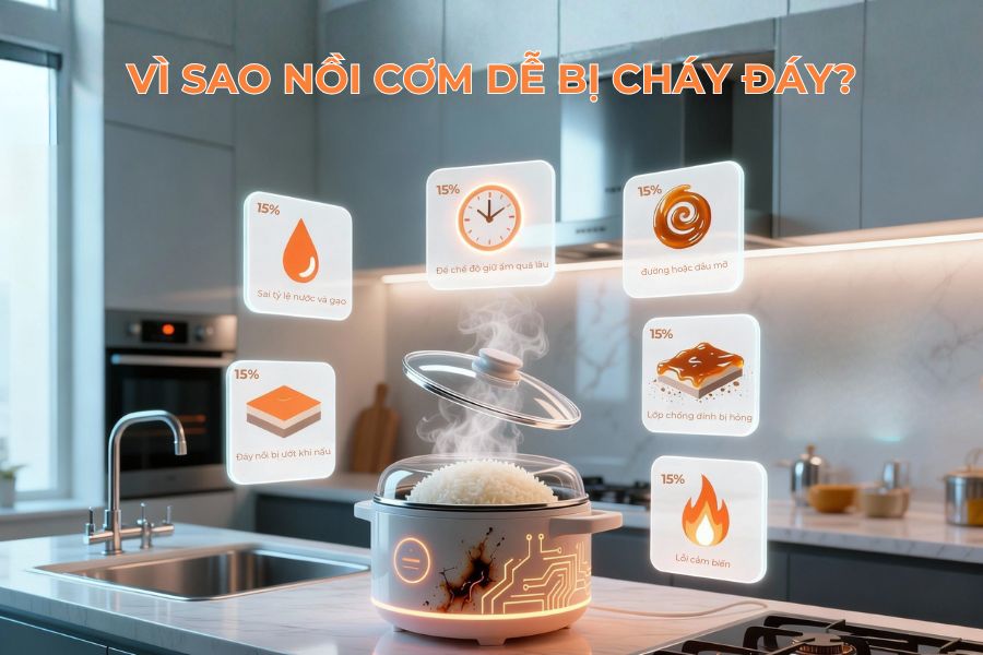 Lý do nồi cơm bị cháy đáy.