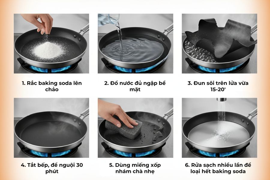 Sử dụng baking soda là sạch lớp dính trên chảo.