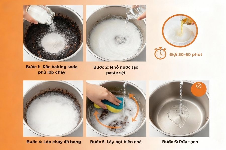 Sử dụng baking soda tẩy mảng cháy.