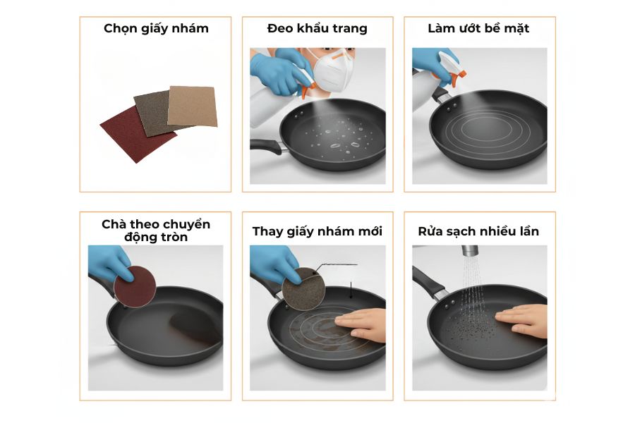 Sử dụng giấy nhám chà lớp dính trên chảo.