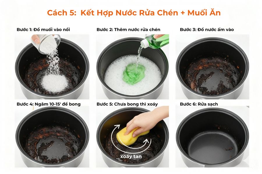 Sử dụng kết hợp muối ăn và nước rửa chén.