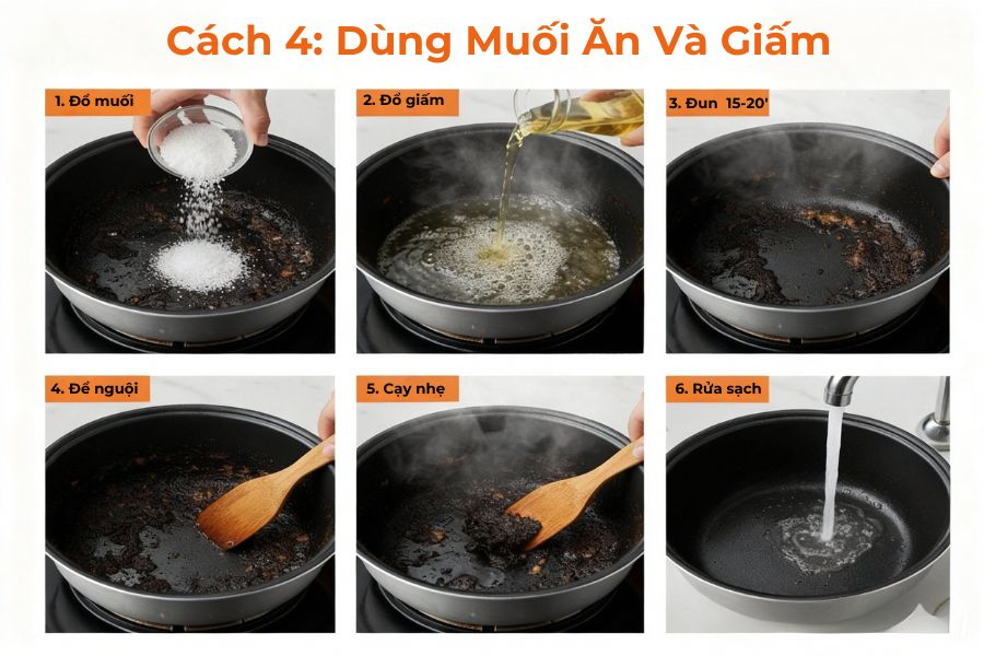 Sử dụng muối ăn và giấm làm sạch nồi bị cháy.