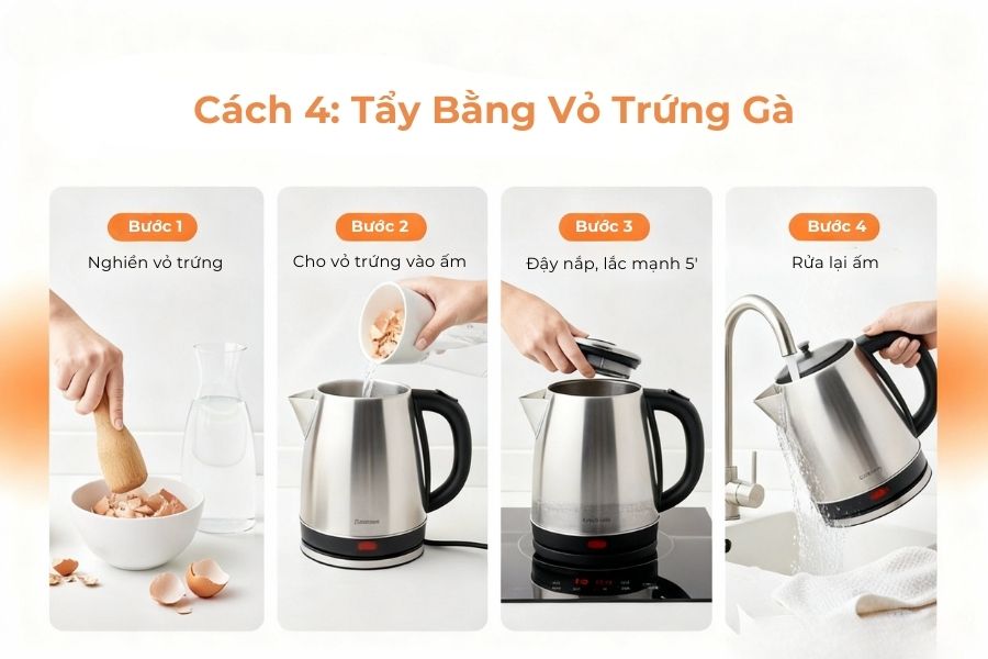 Tẩy cặn bằng vỏ trứng gà.