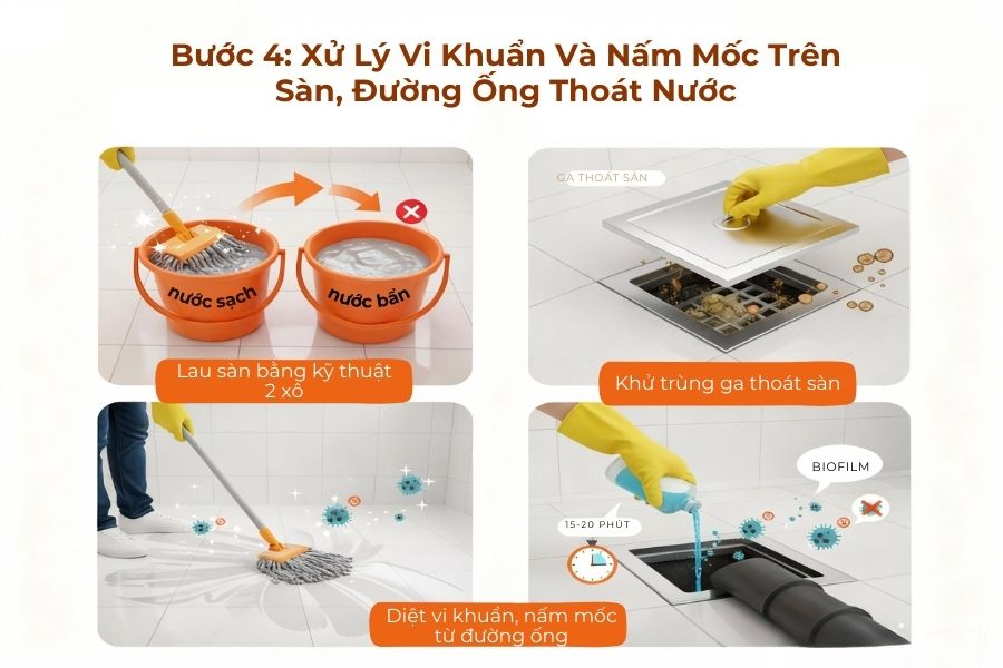 Xử lý vi khuẩn và nấm mốc trên sàn.