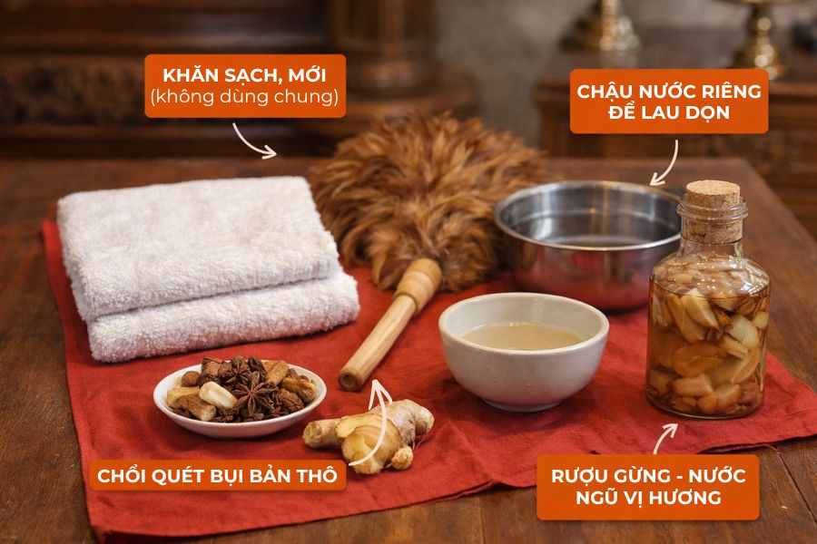 Bộ dụng cụ tịnh sái cần được chuẩn bị.