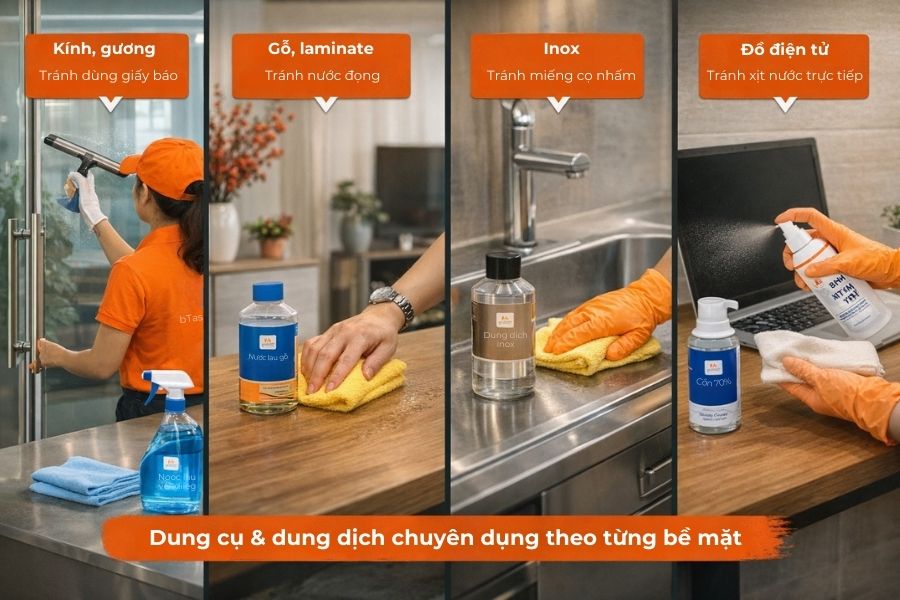 Dụng cụ và dung dịch chuyên mục theo bề mặt.