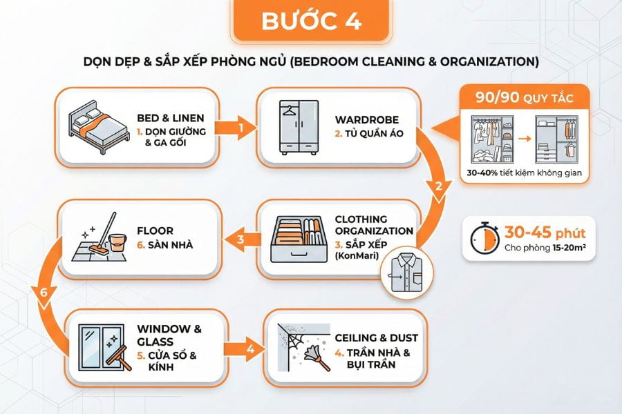 Hướng dẫn dọn phòng ngủ và sắp xếp tủ quần áo.