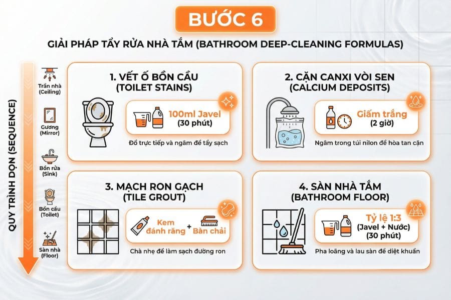 Hướng dẫn tẩy rửa nhà tắm sạch sẽ, hiệu quả tại nhà.