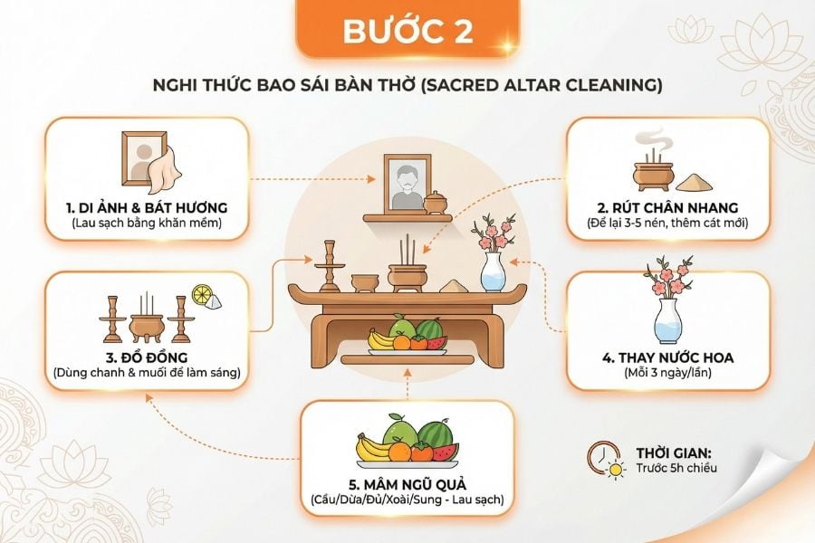 Lau dọn bàn thờ đầu tiên.
