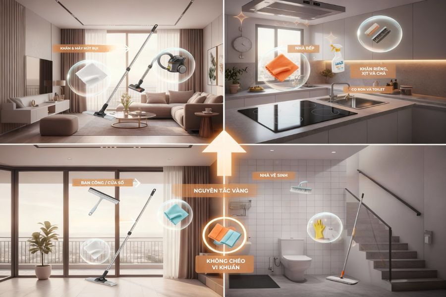 Lựa chọn dụng cụ phù hợp cho từng khu vực.