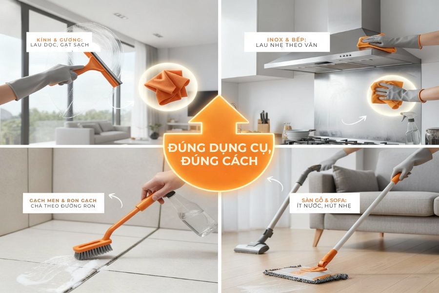 Lựa chọn dụng cụ theo bề mặt và vết bẩn.