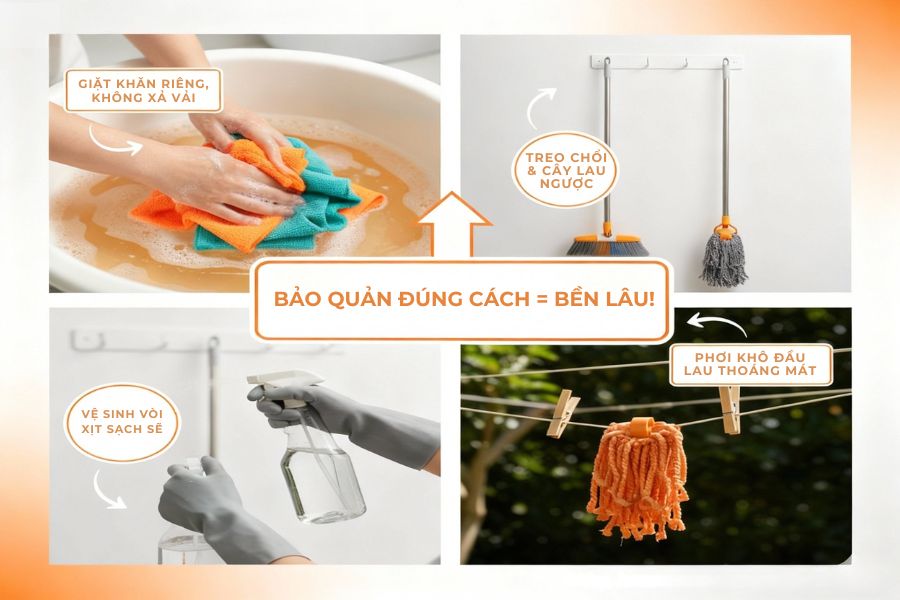 Mẹo bảo quản dụng cụ sau khi dọn dẹp.