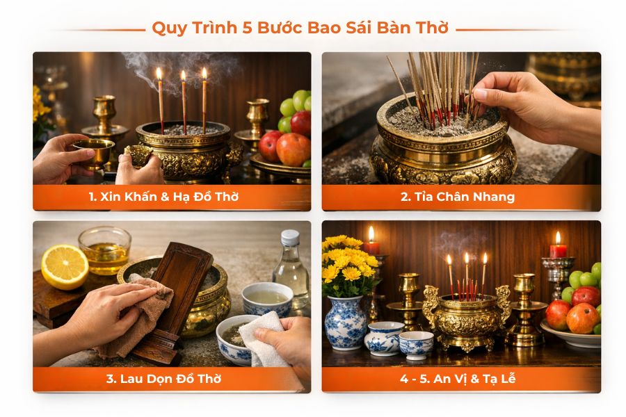 Quy trình 5 bước bao sái bàn thờ.