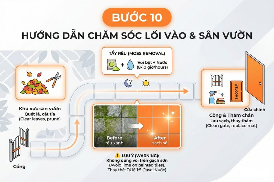 Sân vườn và lối vào sẽ là nơi đón khách đầu tiên nên hãy vệ sinh kỹ nhé!
