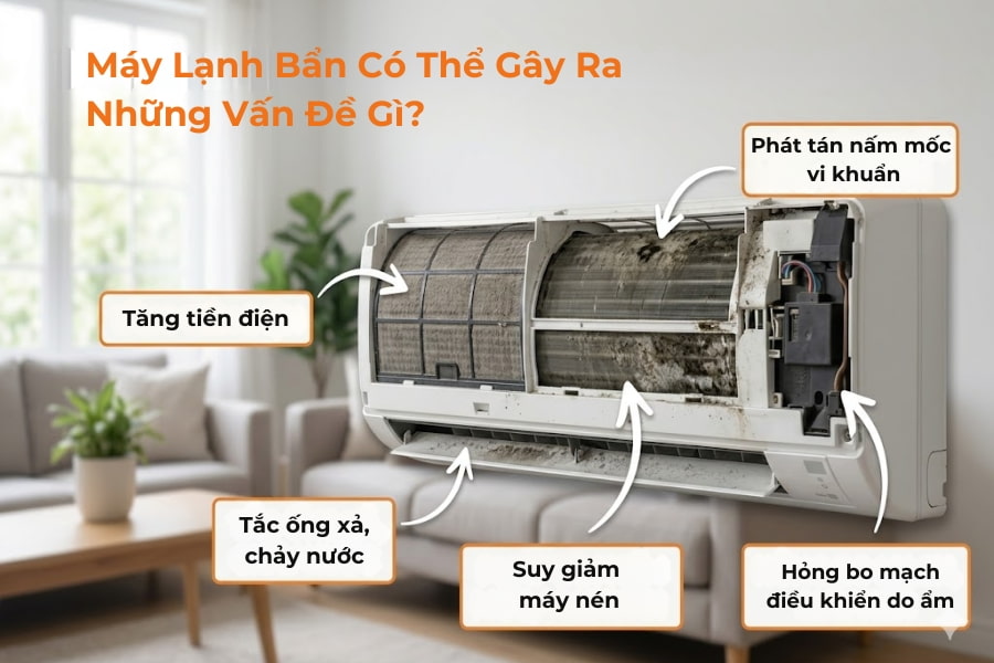 5 vấn đề thường thấy khi máy lạnh bị bẩn lâu ngày.