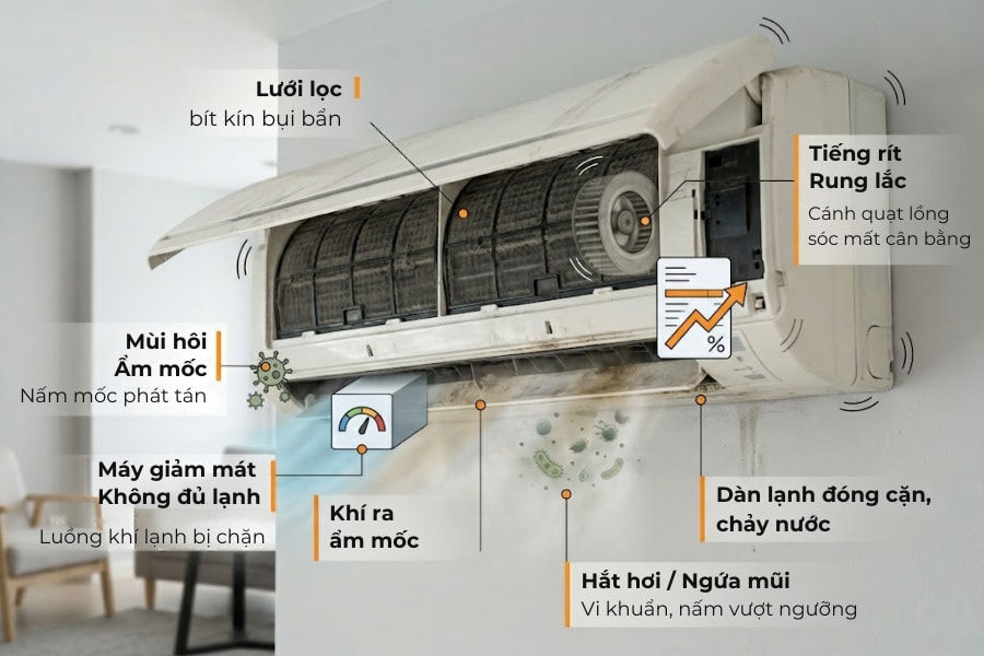 Các dấu hiệu nhận biết máy lạnh cần được vệ sinh.